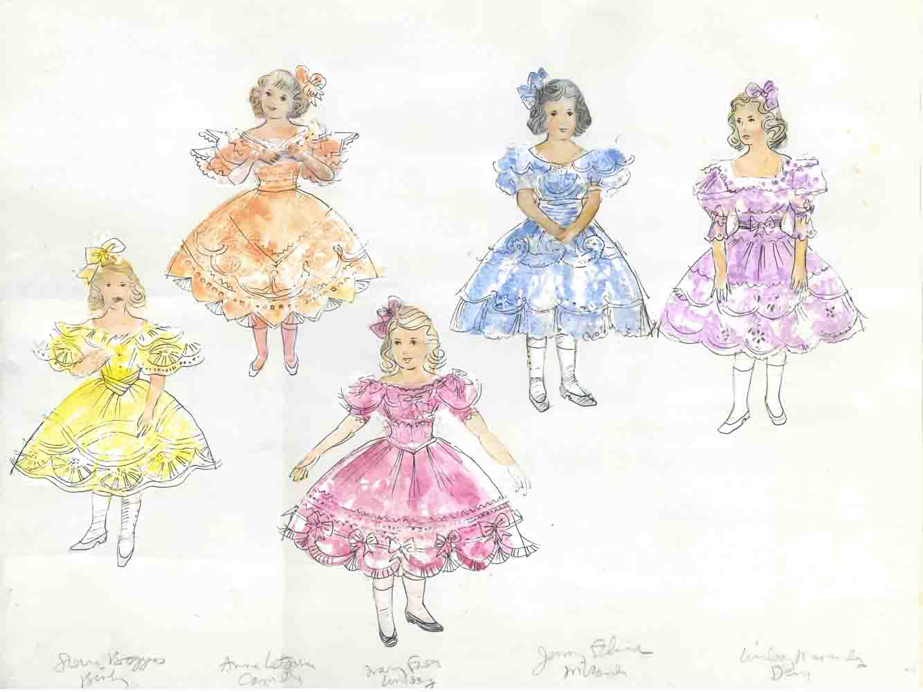 Sketch for Sierra Boggess as Binky, Anne Letscher as Camille, Mary Faber as Lindsey, Jenny Fellner as Miranda Finck, Lindsay Mendez as Dena, Princesses, scene 11, Gesso/ Paper doilies/ Watercolor/ Gouache/ Ink, 18 x 24